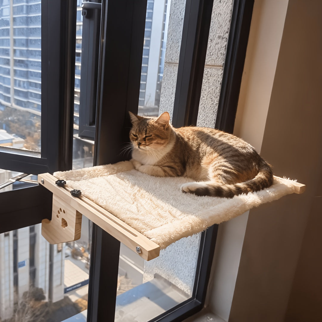 Adjustable Cat Window Hammock with Wooden Paw-Cutout Supports, Soft Hanging Cat Bed for Compatible Windowsills and Indoor Sunbathing