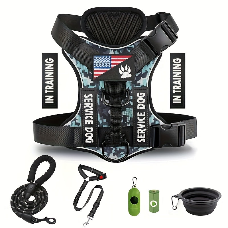 No Pull Dog Harness with 5 PCS Patches, Adjustable Dog Vest Harness and Leash Set with Dog Seat Belt, Collapsible Bowls and Poop Bag Dispenser for Training Walking Hiking