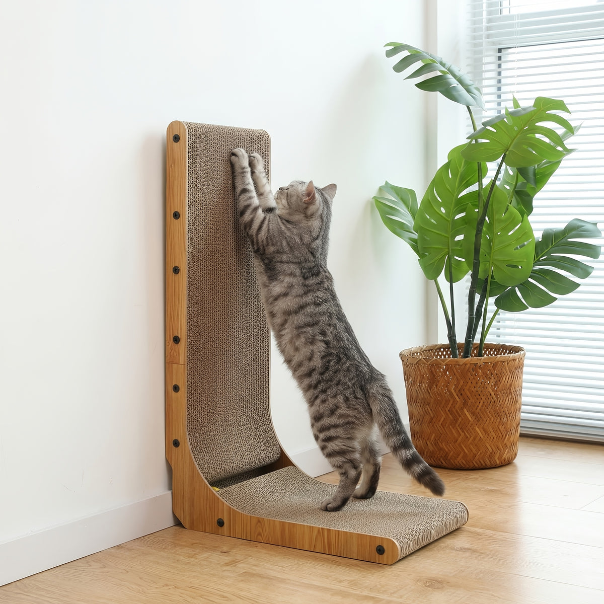 L-Shaped Cat Scratcher for Indoor Cats, Extra Large Corrugated Cardboard Scratch Pad with Ball Toy, Wall-Mounted or Horizontal Lounge