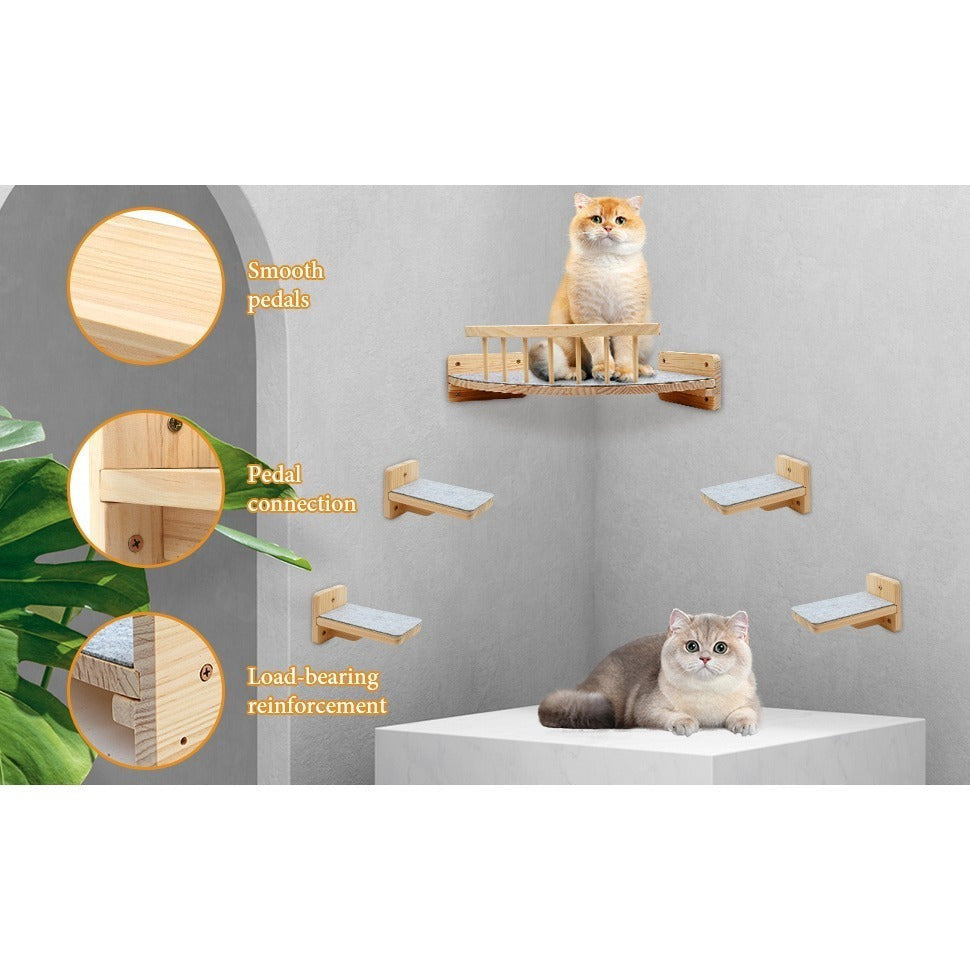 Corner Cat Shelves with 4 Climbing Steps, 13 x 13 Inch Wall-Mounted Wooden Cat Bed with 6 Felt Pads for Small and Medium Indoor Cats