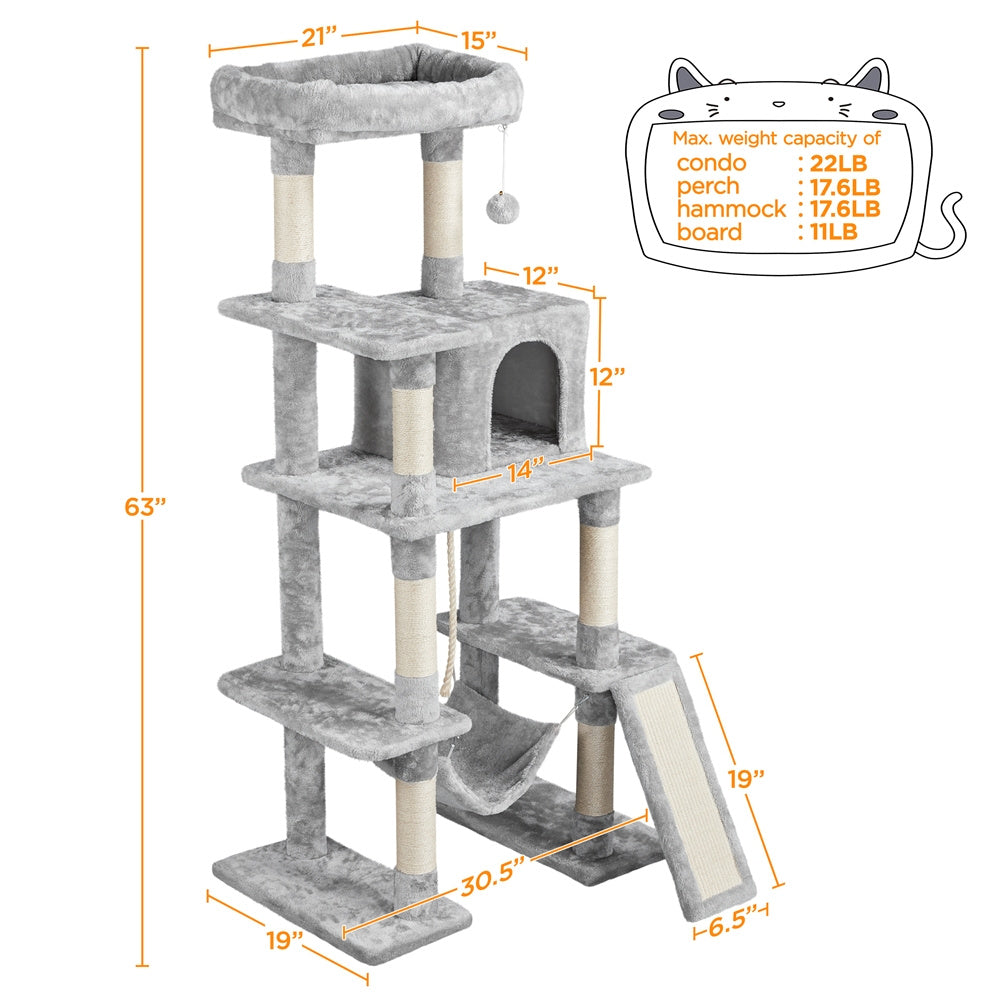 63 Inch Cat Tree with Hammock and Condo, Light Gray Plush Multi-Level Cat Tower with Scratching Posts, Ramp, Top Perch and Hanging Ball