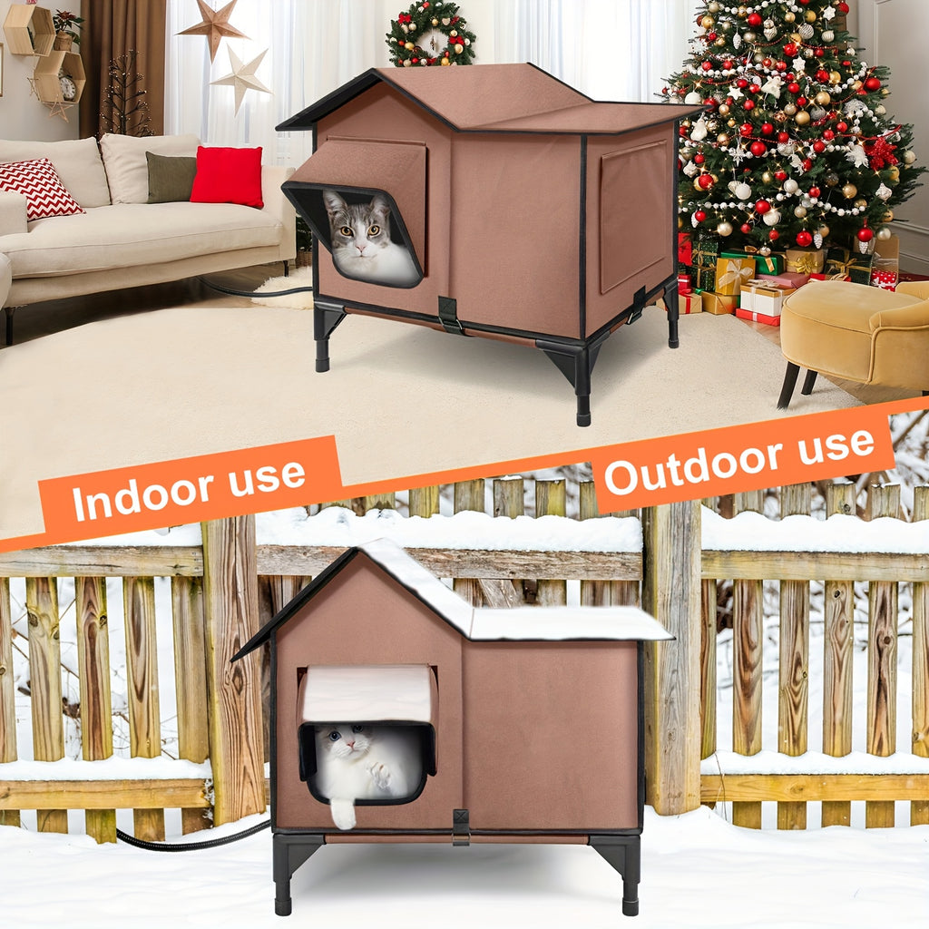 Heated Cat House with Removable Heating Pad and Elevated Bed, Brown 3-in-1 Cat Cave Shelter with Chew-Resistant Power Cord, L or XXL