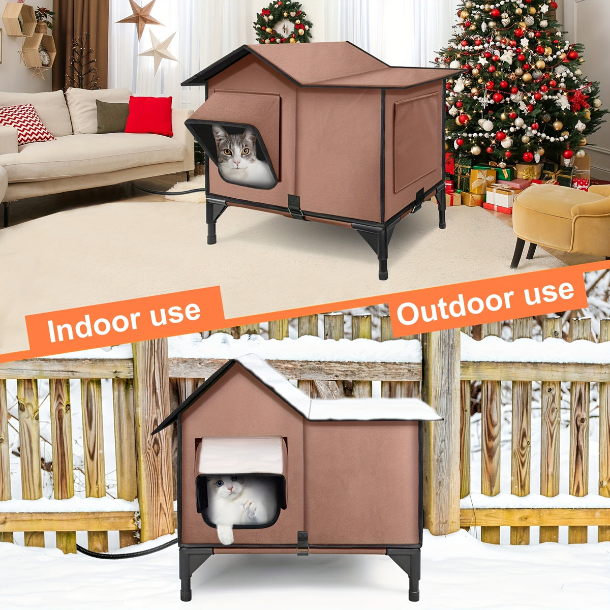 Heated Cat House with Removable Heating Pad and Elevated Bed, Brown 3-in-1 Cat Cave Shelter with Chew-Resistant Power Cord, L or XXL