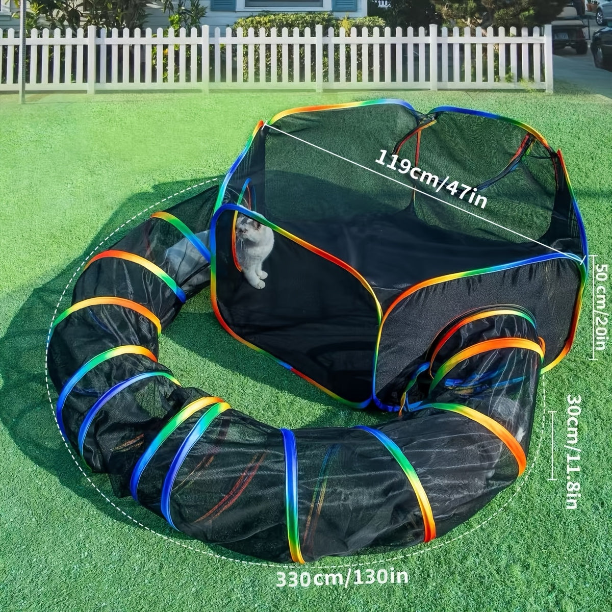Outdoor Cat Tent with Circle Tunnel, Rainbow Mesh Cat Enclosure and Portable Playpen with Storage Bag for Supervised Indoor and Backyard Play