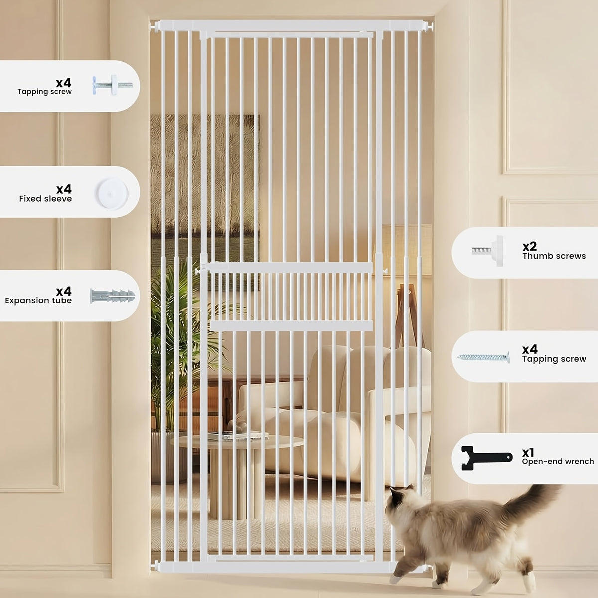 Extra Tall Cat Gate 49–86 Inch Adjustable Height, Pressure-Mounted Pet Barrier for Doorways and Hallways, Black or White Dog Gate