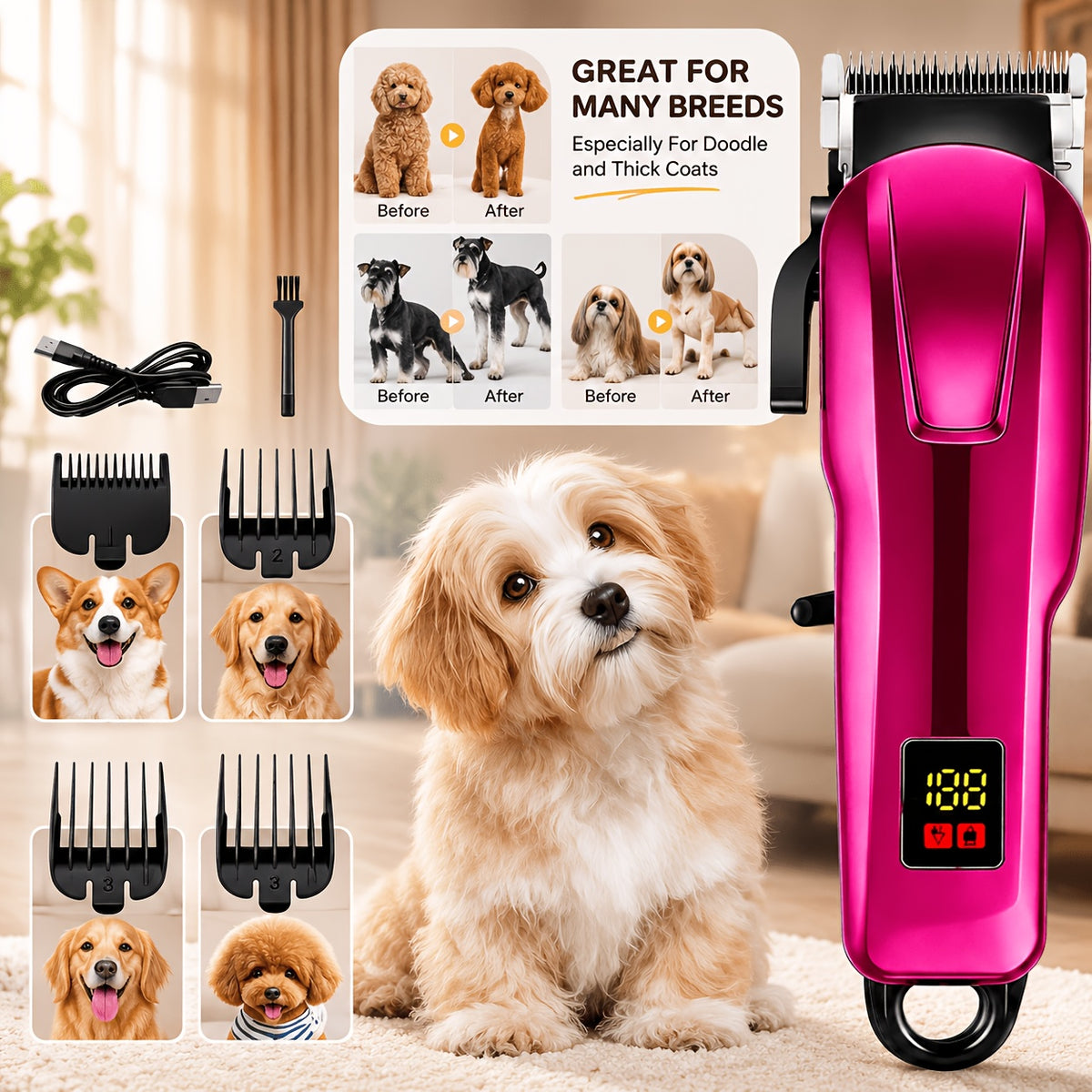 Cordless Pet Hair Clippers with 4 Guide Combs, Rechargeable Low-Noise Dog and Cat Grooming Trimmer with Ergonomic Grip in Golden or Pink