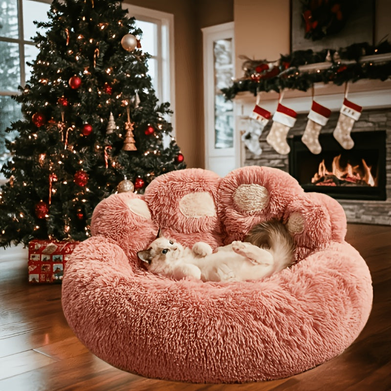 Donut Dog Bed with Bear Paw Design, Soft Plush Cuddler for Dogs and Cats, Cozy Indoor Sleeping Nest in Coffee Gray or Pink, 22 to 37 Inch Sizes