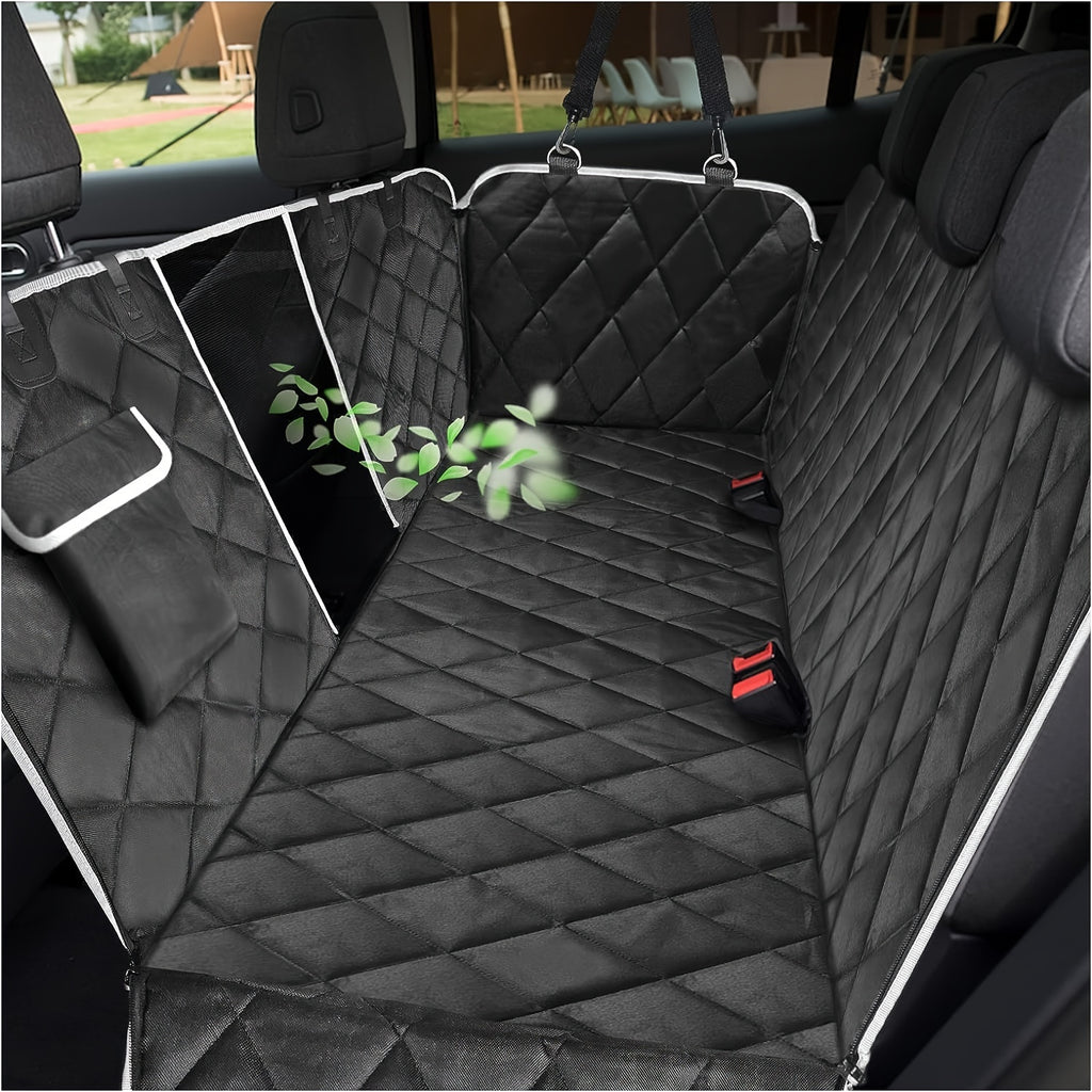 Dog Car Seat Cover with Mesh Viewing Window, 54 x 58 Inch Quilted Backseat Hammock with Storage Pocket and Gray Binding for Compatible Cars, Trucks and SUVs