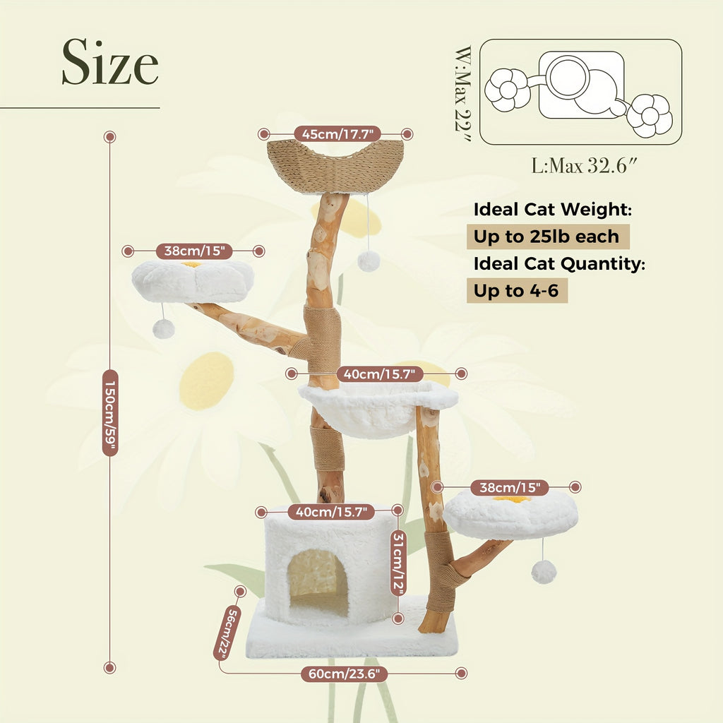 Flower Cat Tree with Floral Perches and Scratching Posts, Wooden Bohemian Indoor Cat Tower Furniture in White and Brown Style Options