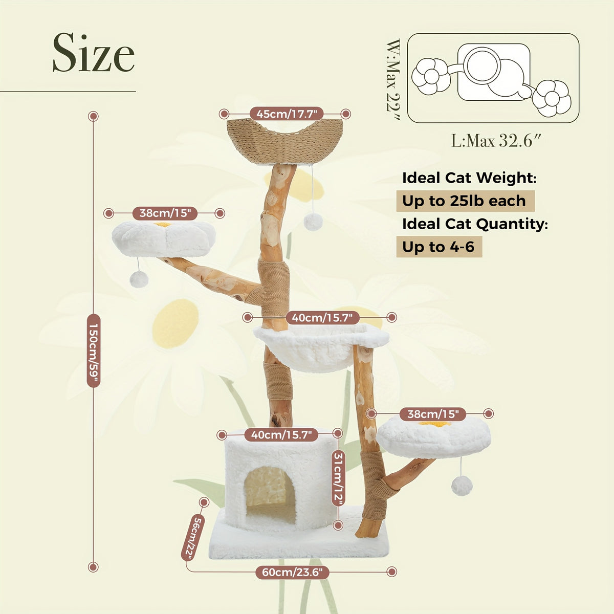 Flower Cat Tree with Floral Perches and Scratching Posts, Wooden Bohemian Indoor Cat Tower Furniture in White and Brown Style Options