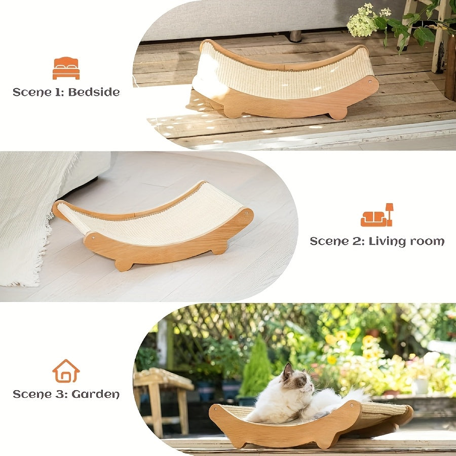Sisal Cat Hammock Bed with Curved Wooden Frame, 2-in-1 Cat Scratcher Lounger in Small or Large for Indoor Scratching, Stretching and Napping