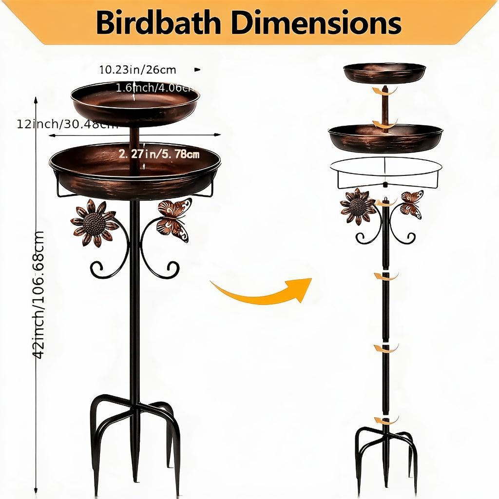 Bronze Metal Bird Bath with Flower and Butterfly Accents, Five-Prong Ground Stake Garden Basin with Single Layer and Set Options for Outdoor Yard Decor
