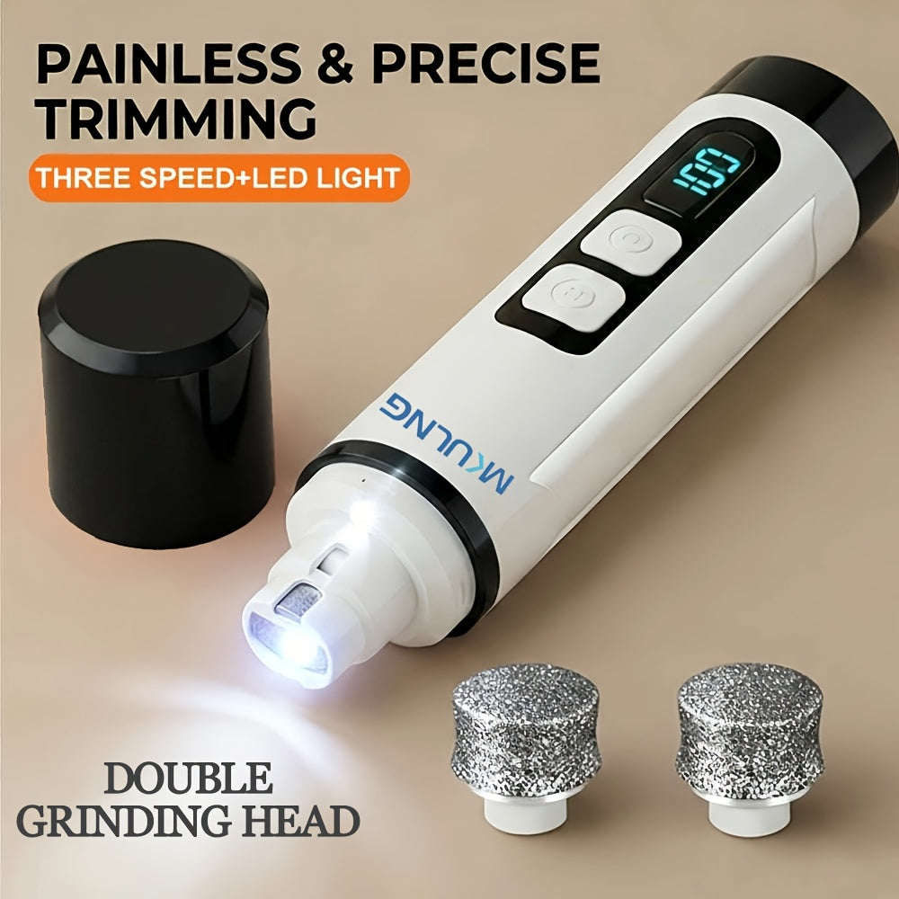 3-Speed Rechargeable Dog Nail Grinder with LED Light, Quiet Electric Pet Nail File for At-Home Paw Grooming with Model-Specific Grinding Head Options