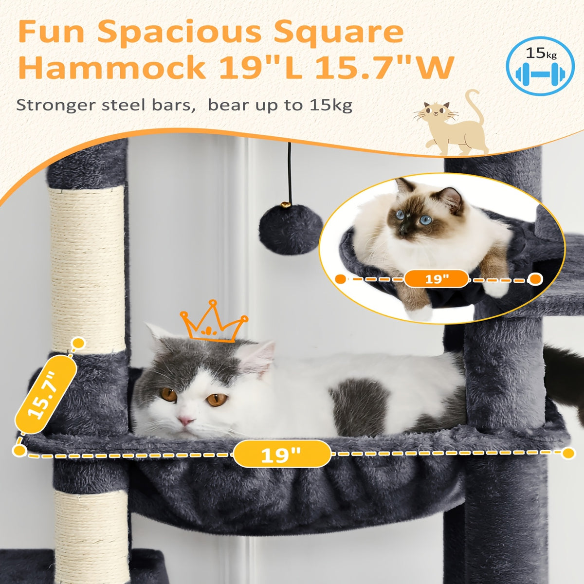 Cat Tree 68 Inch with Square Hammock and Two Condos, Multi-Level Indoor Cat Tower with Wide Perches and Sisal Scratching Posts in Grey or Light Grey
