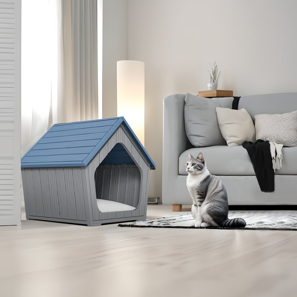 Resin Cat House with Raised Floor and Roof, XL Listed Pet Hideaway for Indoor and Sheltered Outdoor Rest, Blue or Light Brown, Assembly Required