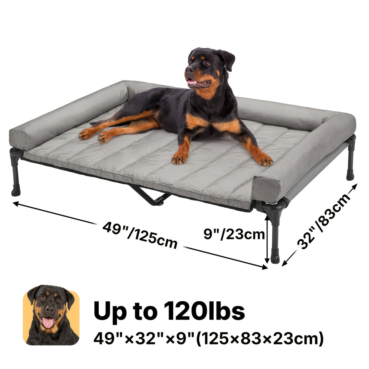 Elevated Dog Bed with Removable Pillow-Top Mat, Three-Sided Bolster Pet Cot with Breathable Teslin Mesh, Steel Frame and Non-Slip Feet in Four Sizes