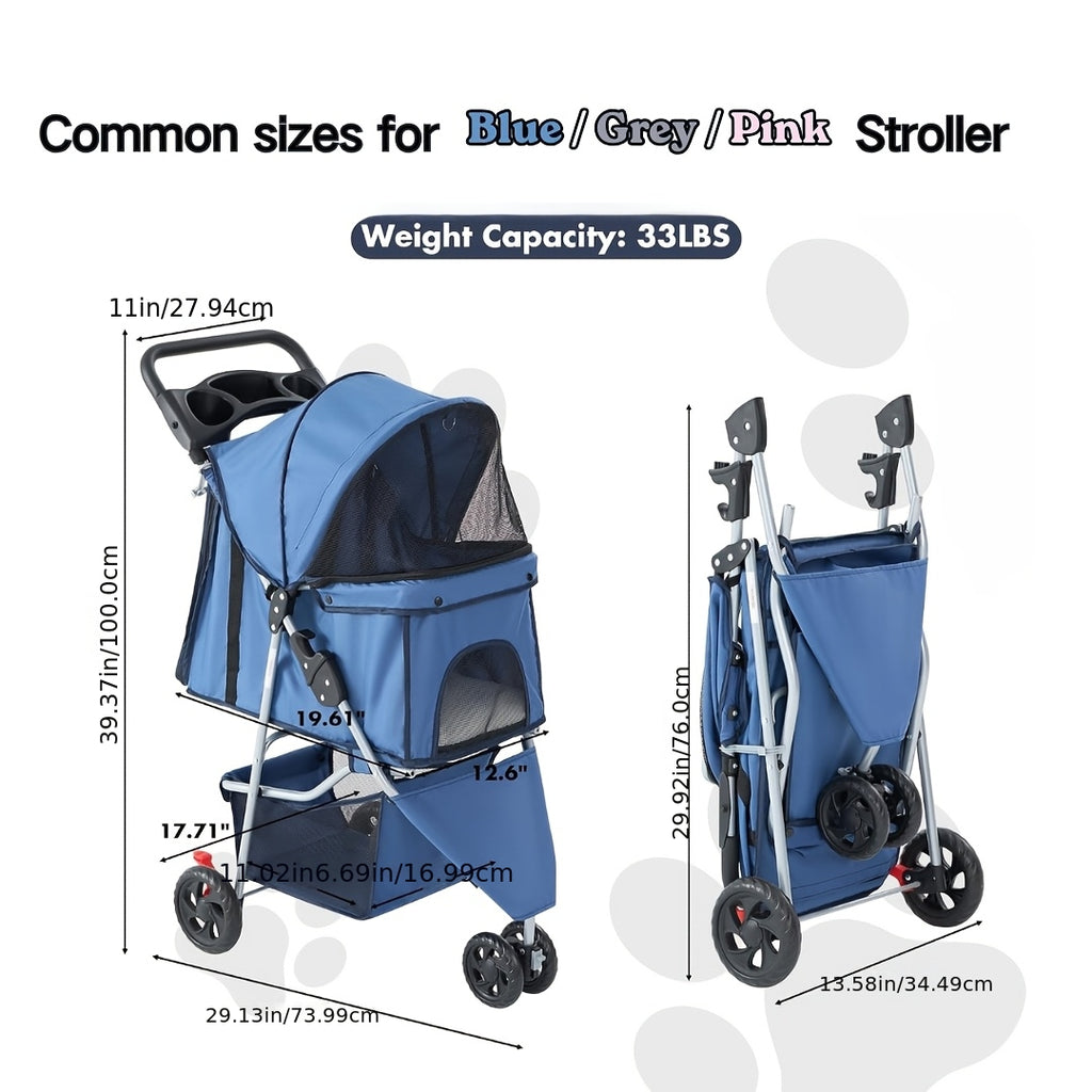 Pet Stroller with Swivel Front Wheel, Three-Wheel Foldable Dog and Cat Pushchair with Mesh Canopy, Storage Basket, Cup Holder and Weather Cover