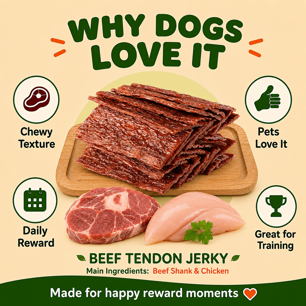 Beef Strips for Dogs 100g Beef Tendon Slices, Canine Snack Treats for Supervised Reward Time, Home Training Practice and Everyday Bonding