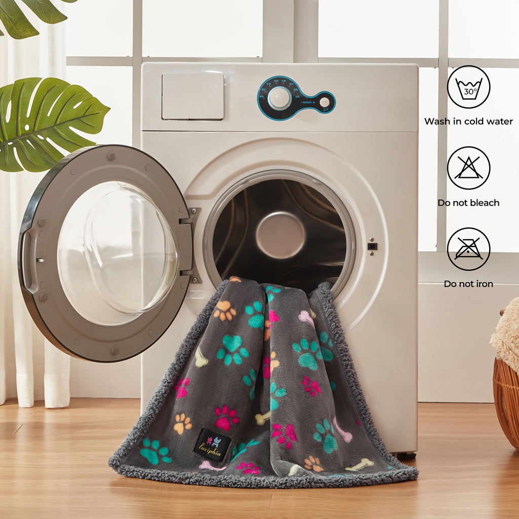 Gray Pattern Dog Blanket for Couch and Bed, Soft Fluffy Reversible Washable Pet Furniture Cover with Bone or Paw Designs and Multiple Size Options
