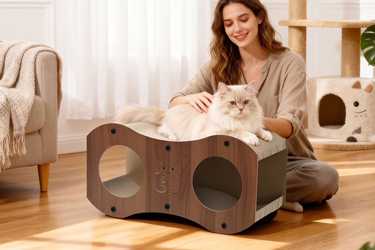 Cat Scratching Post with Integrated Bed and Woven Scratch Pad, Indoor Cat Lounging and Play Furniture with Cat Toy, Oak or Walnut Color Options