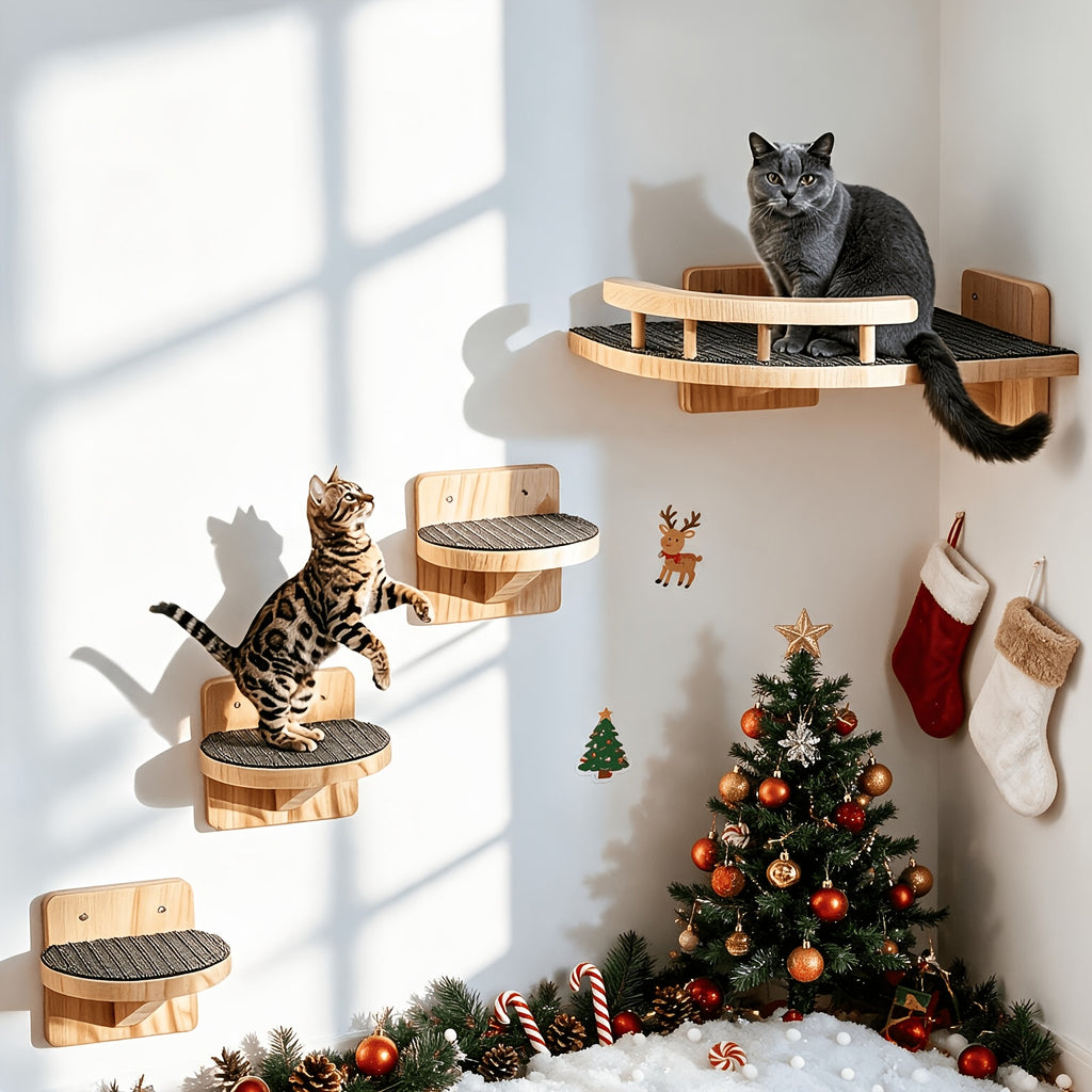 Pine Wood Cat Wall Shelves with Hammock or 4-Piece Set Options, Wall-Mounted Climbing and Resting Furniture for Indoor Cat Spaces