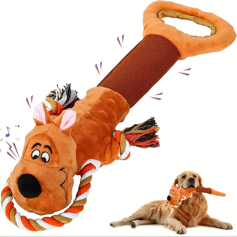 Plush Tug Dog Toy with Crinkle Paper and Squeaker, Soft Rope-Body Animal Toy for Supervised Gentle Play, Bear, Dinosaur, Monkey or Hippo Styles