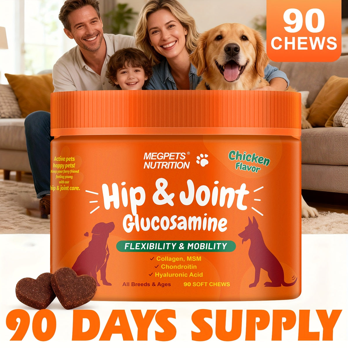 Joint Care Soft Chews for Dogs and Cats, Chicken Flavor with Glucosamine, Chondroitin and Alaskan Salmon Oil, 90 Count, Bottle Options