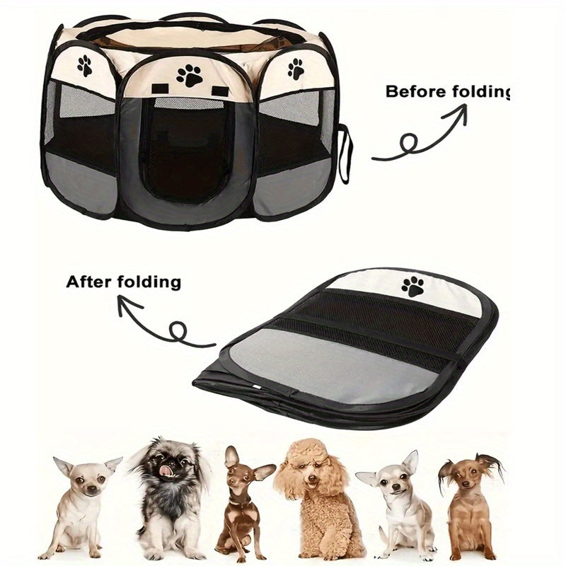 Soft-Sided Pet Playpen for Dogs and Cats, Foldable Octagonal Oxford Cloth Pen with Removable Mesh Top, Paw Print Panels and Three Size Options