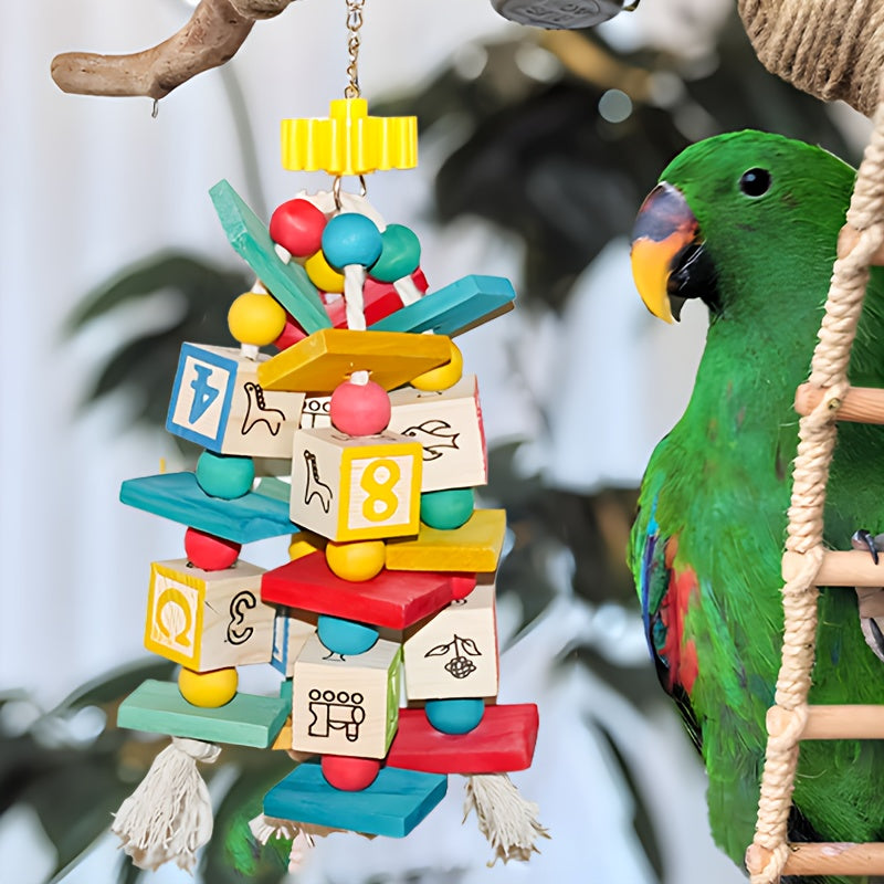 Wooden Parrot Activity Toy with Number and Letter Blocks, Colorful Hanging Bird Chew Toy with Beads and Rope Tassels for Medium and Large Birds