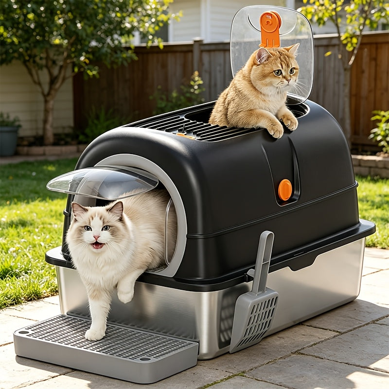 Front Entry Top Exit Stainless Steel Litter Box with Lid, Extra Large Black Enclosed Cat Toilet with Convertible Cover, Litter Scoop and Mat