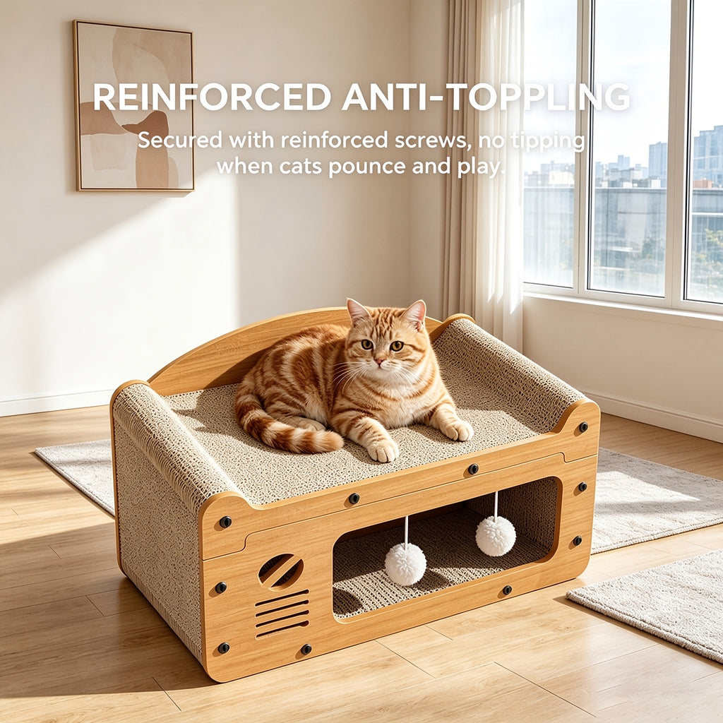 Cat Scratcher House with Dual Openings, Brown Corrugated Cardboard Cat-Face Hideout Bed and Hanging Toy Balls for Indoor Cats to Scratch, Rest and Play