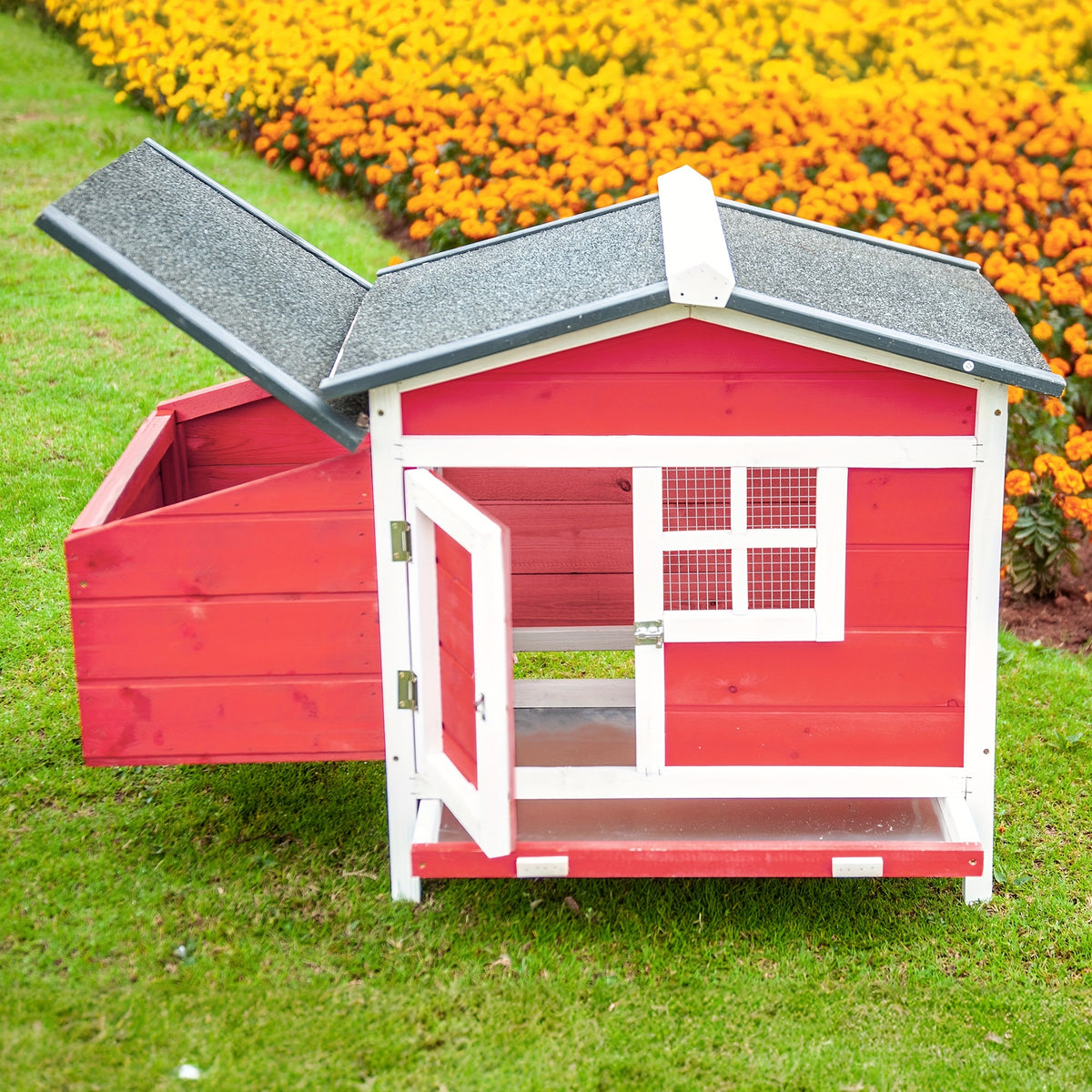Chicken Coop Outdoor Wooden Hen House with Nesting Box, Ramp, Removable Tray and Lockable Doors, Elevated Fir Wood Poultry Hutch with Sloped Asphalt Roof, 42 x 25 x 28 Inches