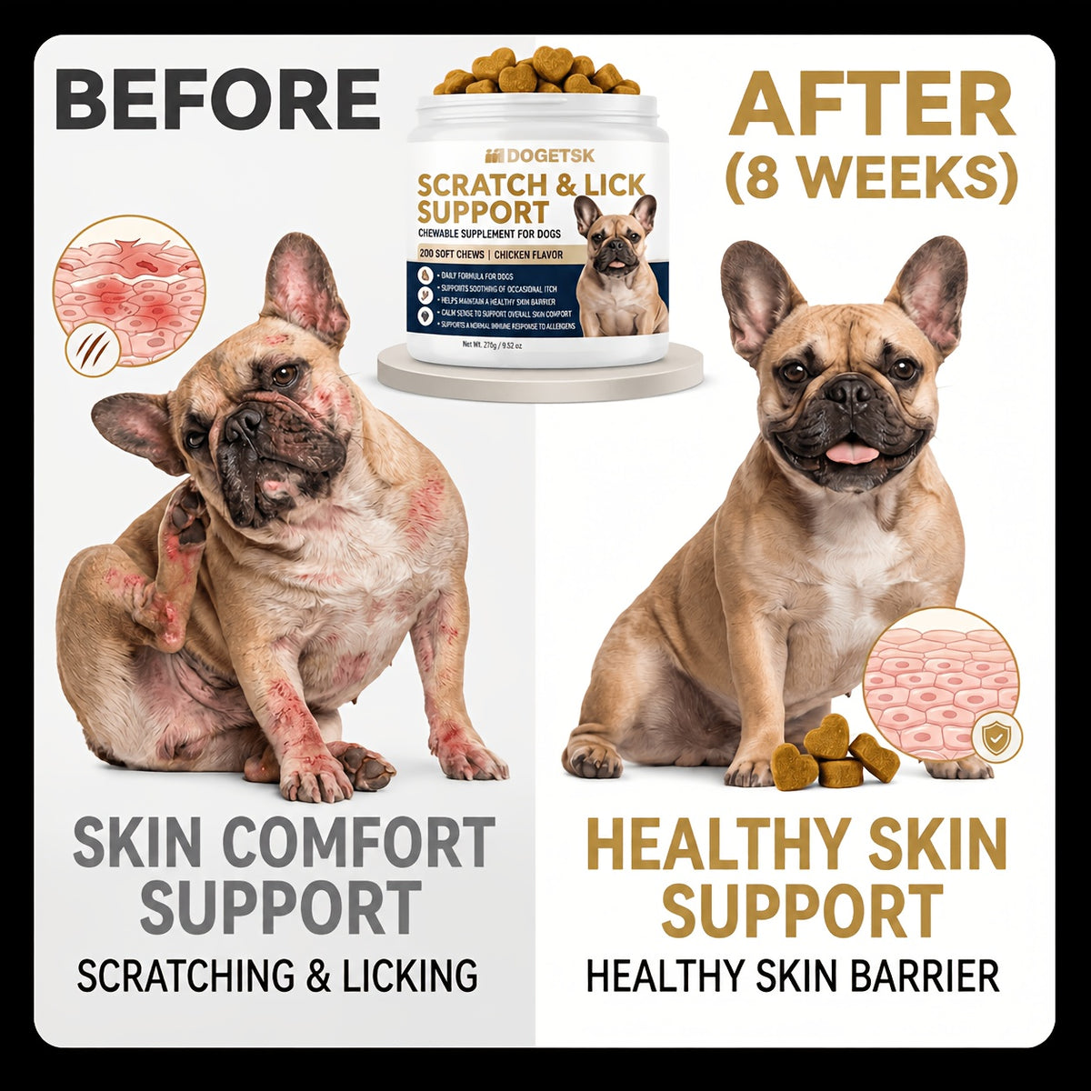 Dog Skin Comfort Soft Chews, Chicken Flavor 200 Count Chewable Supplement with Scratch and Lick Support Labeling for Daily Canine Care