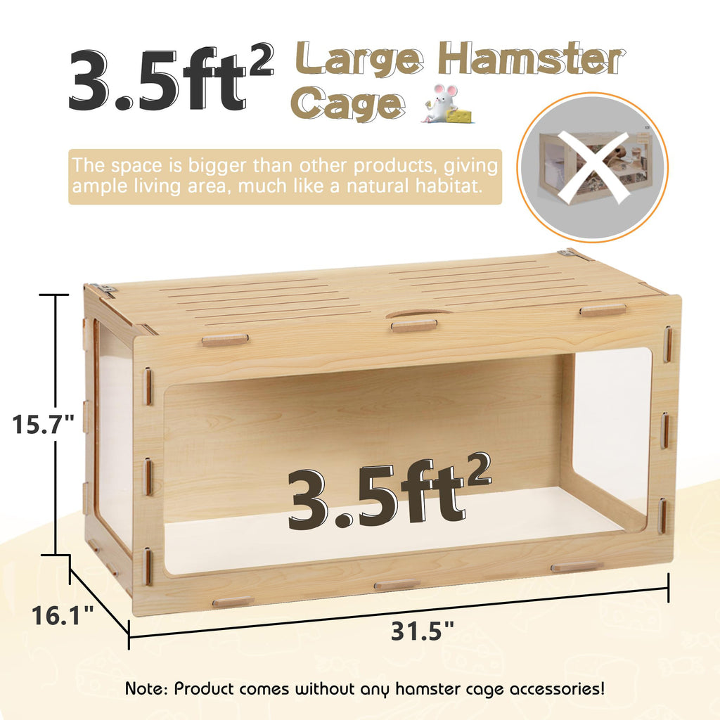 Hamster Habitat Wooden Cage with Clear Acrylic Front, Openable Top and Side Locks, 31.5-Inch Small Pet Enclosure in Natural or Burlywood