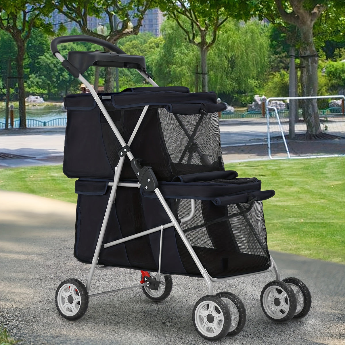 Double Decker Pet Stroller for Dogs and Cats, Foldable Four-Wheel Travel Pushchair with Cup Holder in Black or Pink for Small to Medium Pets
