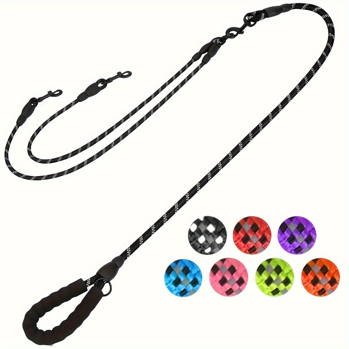 Double Dog Rope Leash with 360-Degree Swivel, Reflective Nylon Lead and Padded Foam Handle for Walking Two Small Dogs or Puppies