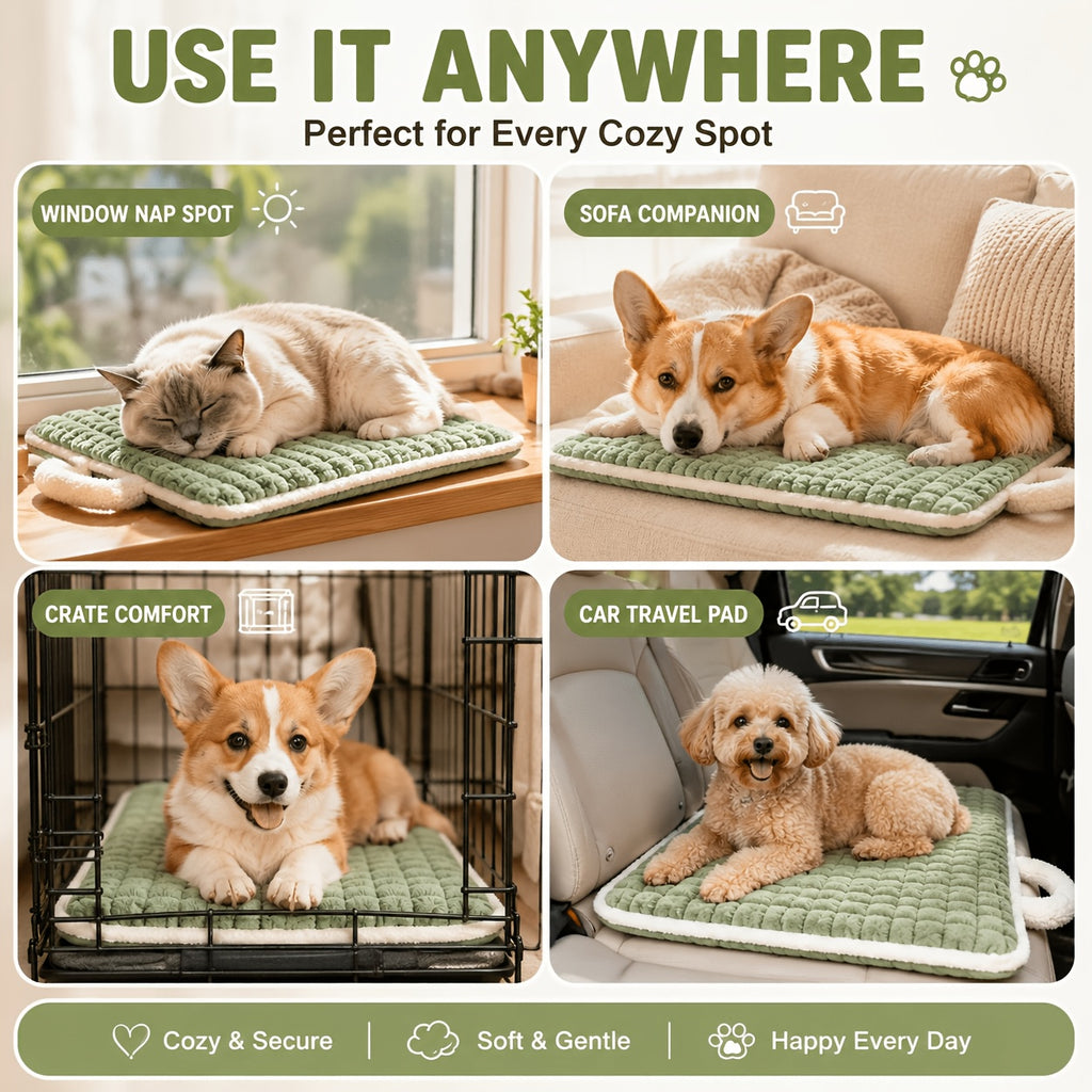 Quilted Dog Crate Mat, Machine Washable Plush Travel Dog Bed with Carry Handle for Small and Medium Dogs, Puppies and Cats