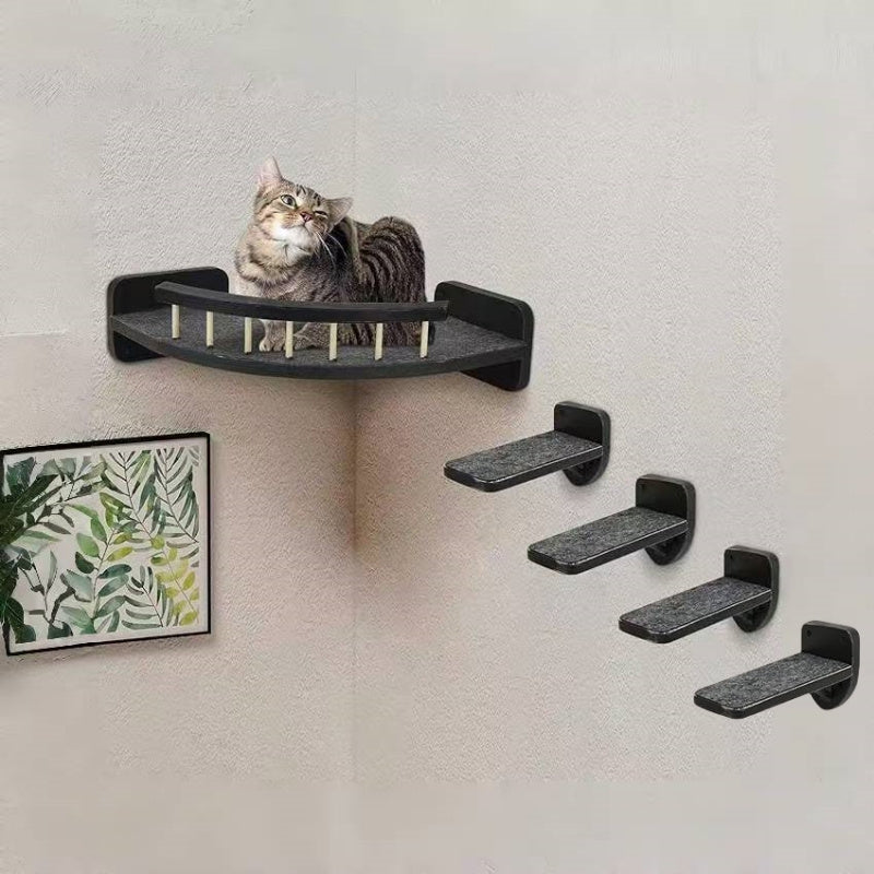 Wall Mounted Cat Bed with Climbing Steps, 5-Piece Wooden Cat Wall Furniture Set with Felt Pads and 13 x 13 Inch Platform for Small and Medium Cats
