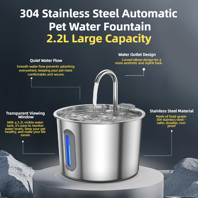 Cat Water Fountain 74 oz 2.2L with Stainless Steel Design, Quiet Automatic Pet Drinking Dispenser and Separate Filter Cartridge or Bundle Options