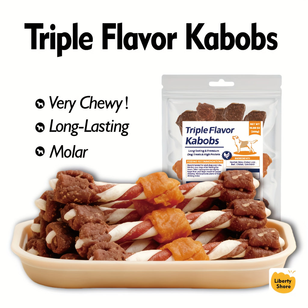 Triple Flavor Dog Treats with Chicken, Beef and Liver, Kabob Chew Snacks in 100g to 900g Options for Supervised Treat Time and Dog Gift Baskets