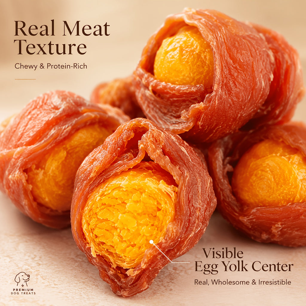 Meat Wrapped Egg Yolk Dog Treats, Chicken or Duck Flavor Chewy Reward Bites in 115g, 255g and 510g Options for Supervised Training and Snack Time