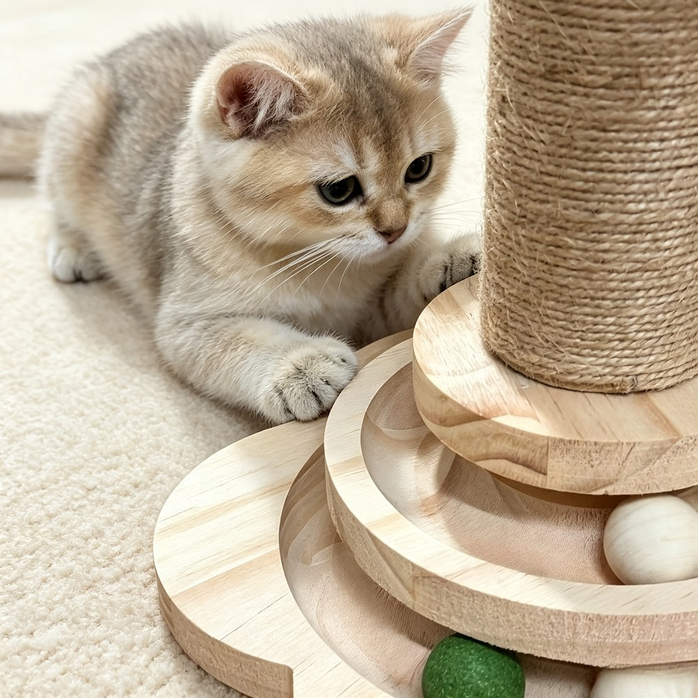 Cat Scratching Post with Six Wooden Balls, Brown Multi-Level Sisal Scratcher with Two Hanging Balls and Two Feather Toys for Indoor Play