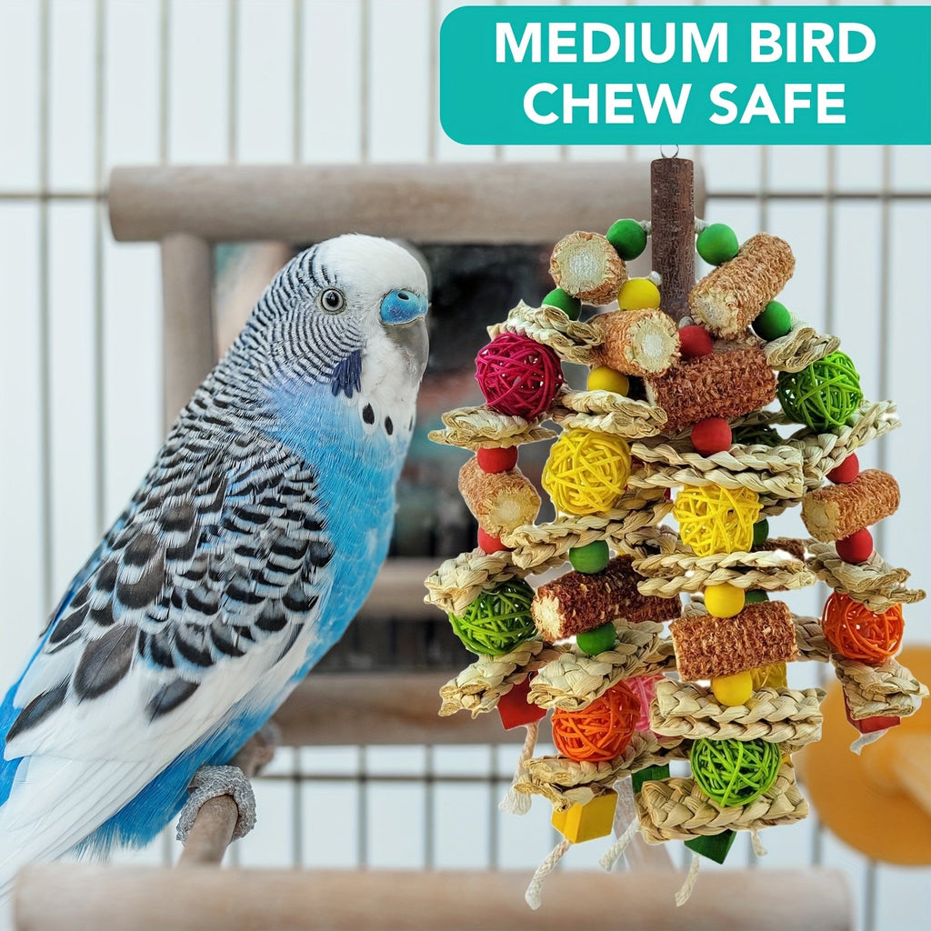 Bird Chew Toys with Natural Corn Cobs, Wooden Blocks and Rattan Balls for Parrot Enrichment, Supervised Cage and Aviary Play, 400g Option