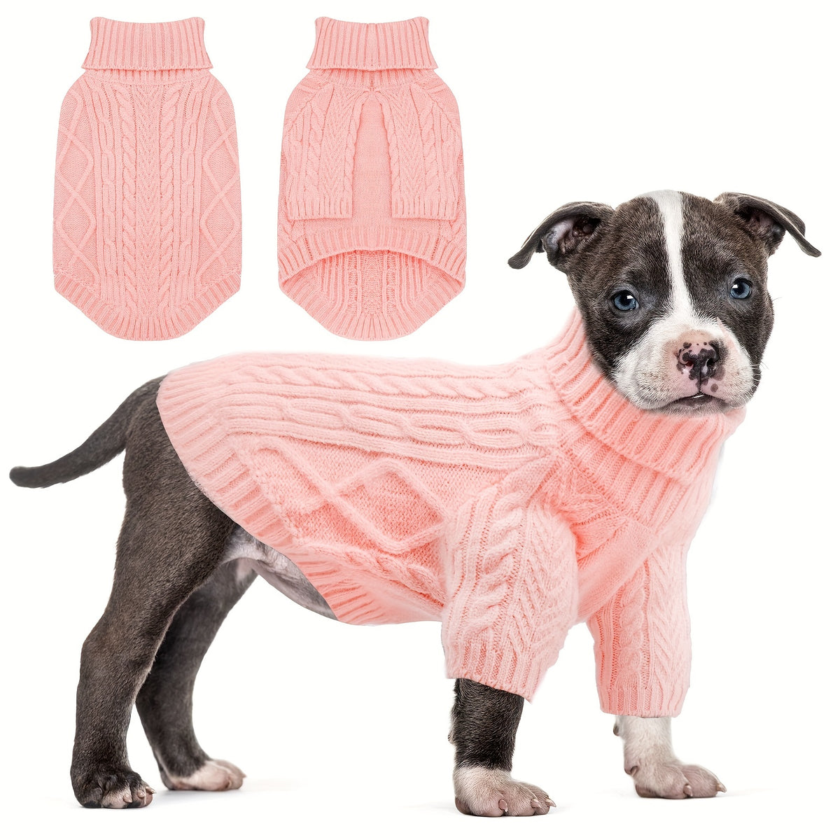 Cable Knit Dog Sweater with Turtleneck and Long Sleeves, Soft Warm Pullover for Small to Medium Dogs, Five Colors and XS-XL Sizes