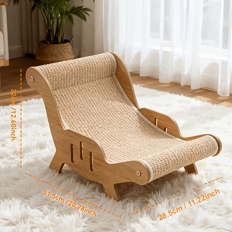Cat Scratcher Lounge Chair with Wooden Frame and Sisal Surface, Brown Curved Cat Recliner Bed for Indoor Scratching, Stretching and Everyday Naps