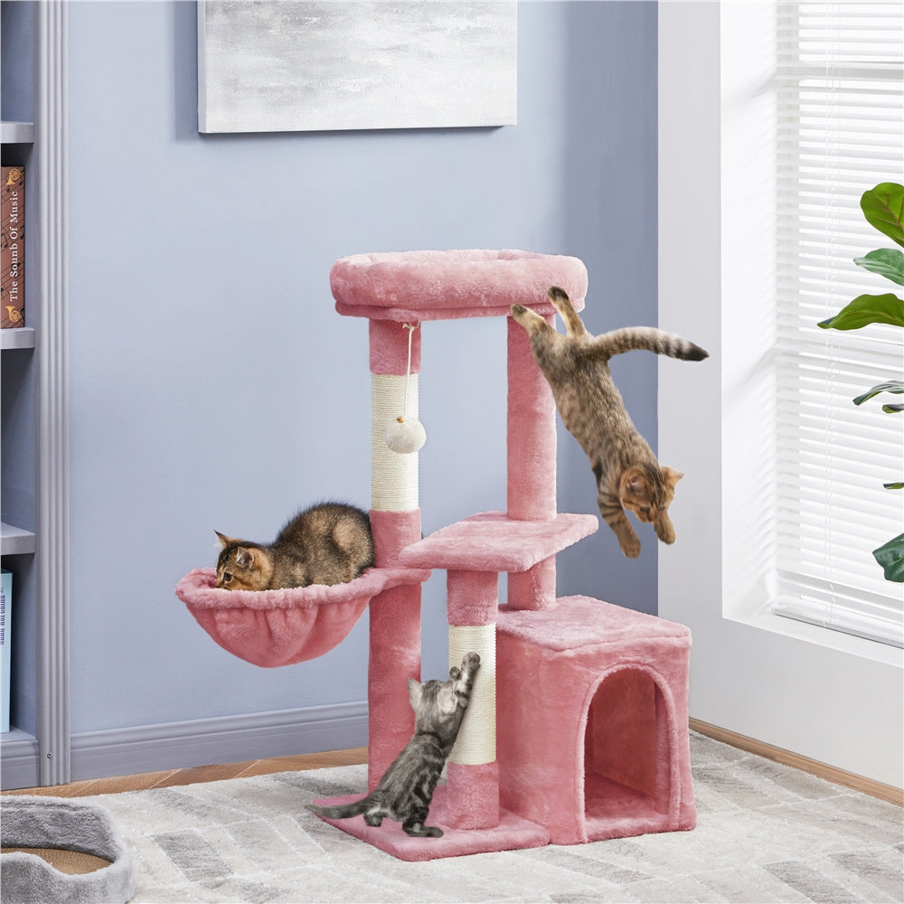 Cat Tree 34.5 Inch with Condo and Basket, Plush Indoor Cat Tower with Nest, Platform, Three Sisal Scratching Posts and Scratching Board in Five Colors