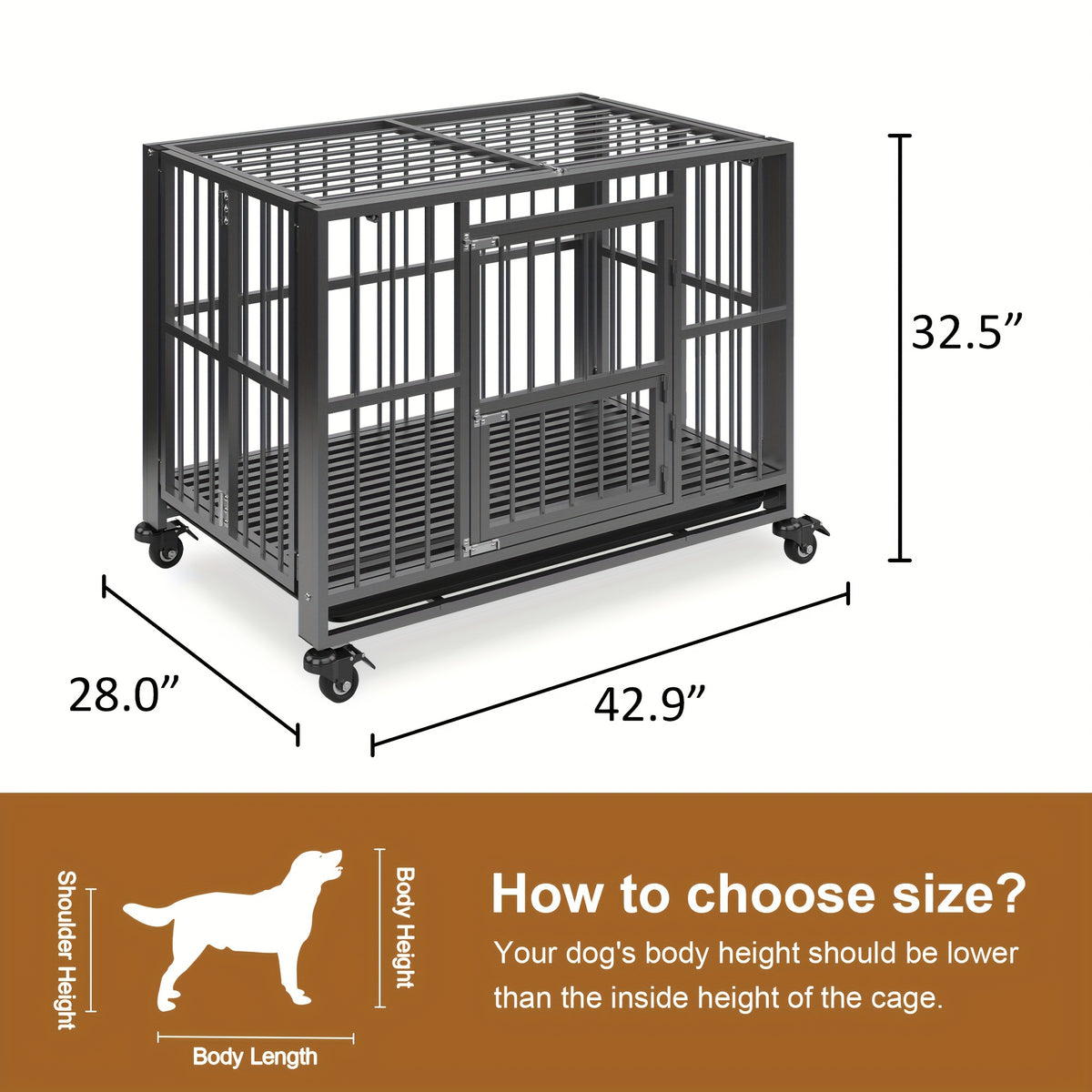 Folding Heavy Duty Dog Crate with Lockable Wheels, Double Door Pet Kennel in 38 or 43 Inch Models for Home Containment and Supervised Use