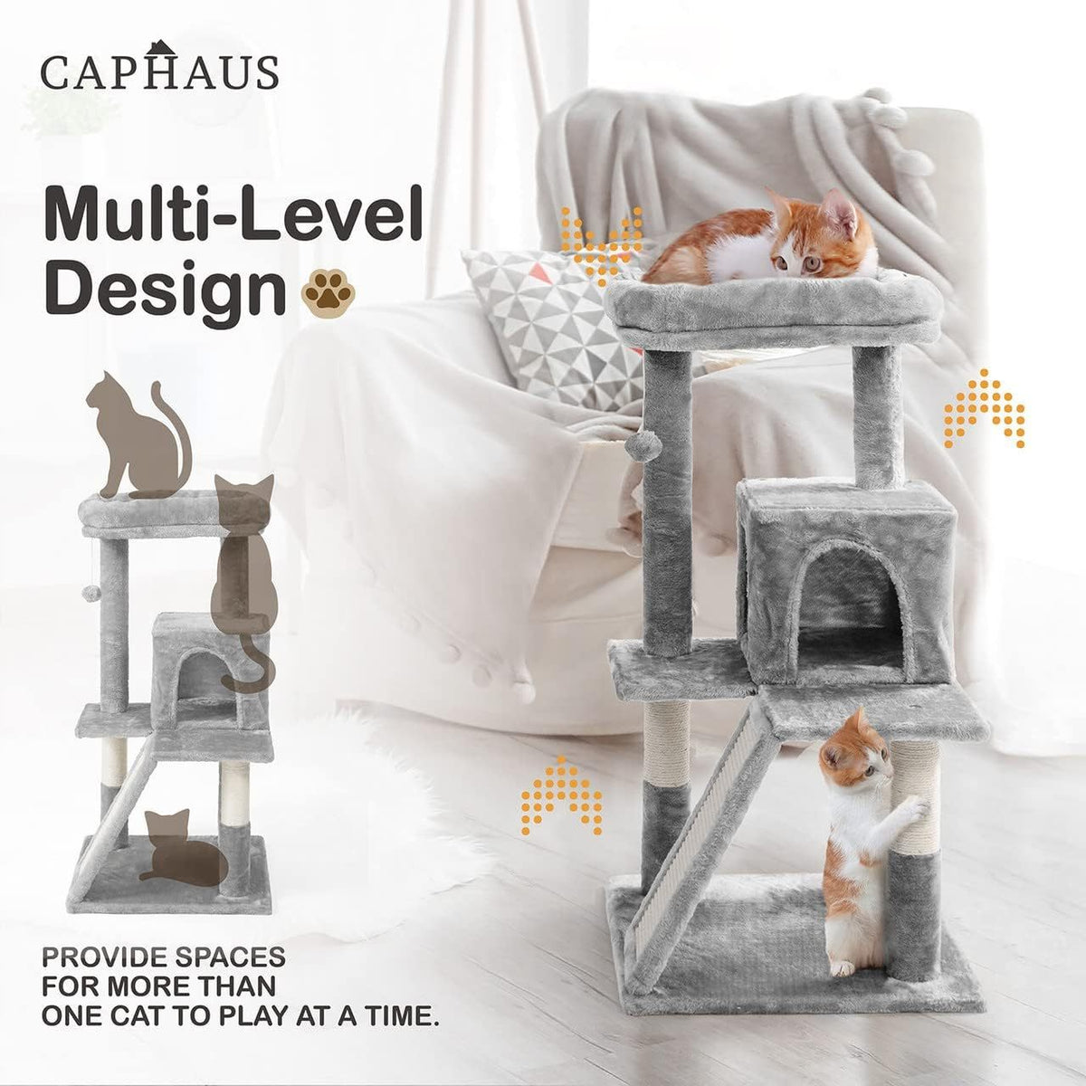 Cat Tree with Scratching Ramp, 37 Inch Indoor Cat Tower with Widened Padded Perch, Sisal Posts, Hammock and Cozy Condo for Cats and Kittens