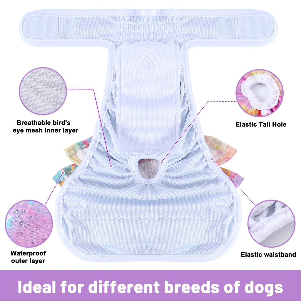Female Dog Diaper Set 3 Pack, Washable Reusable Absorbent Sanitary Panties for Heat Cycles and Indoor Accidents, Two Pattern Sets in XS to L