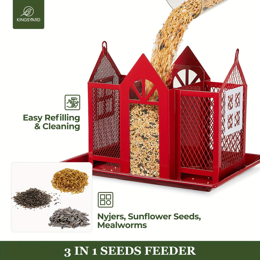 Outdoor Bird Feeder House with Triple Feeding Areas, Metal Mesh Wild Bird Seed Feeder for Finches, Cardinals and Chickadees, Five Color Options